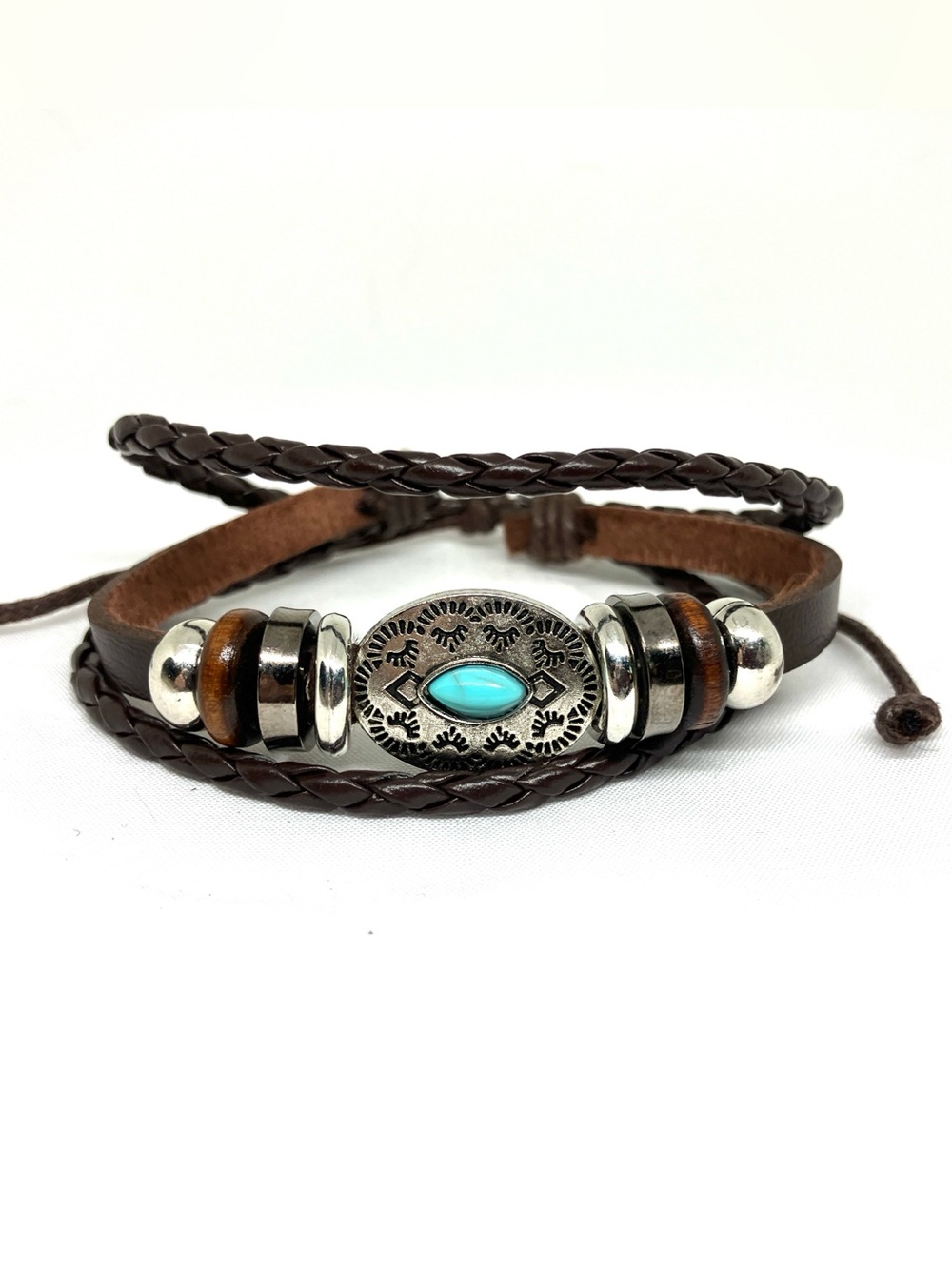 Brown Multi-Strand Leather Bracelet with turquoise &Silver Accent